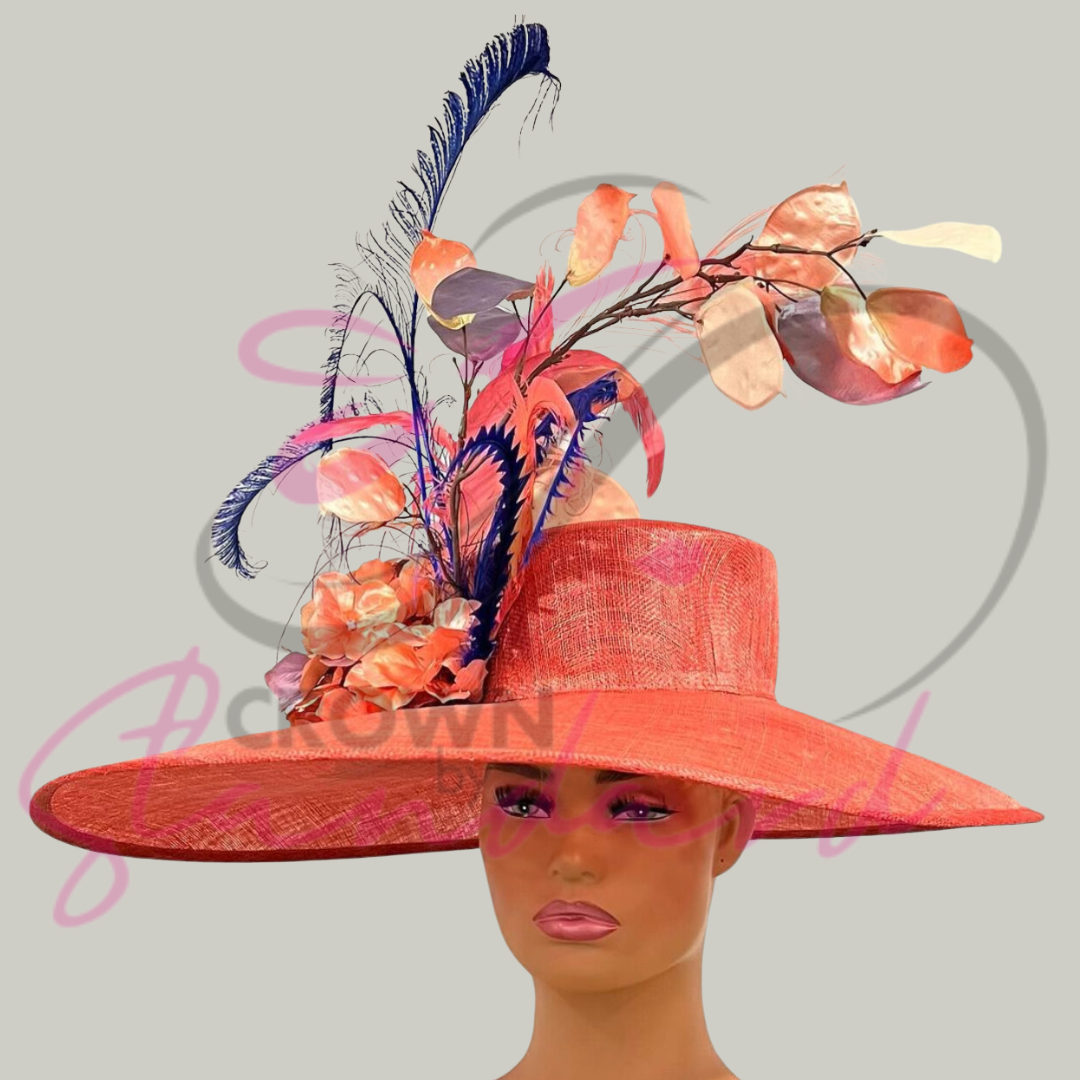 Glamorous peachy- orange hat with feathers and a huge flower!