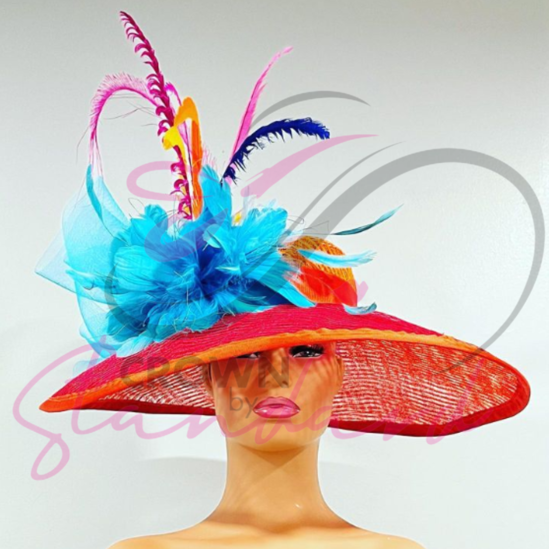 Pink and Orange Hat with Blue Flower and Colorful Feathers