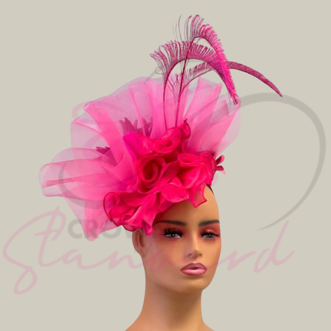 Pink fascinator with a feather and flowers!