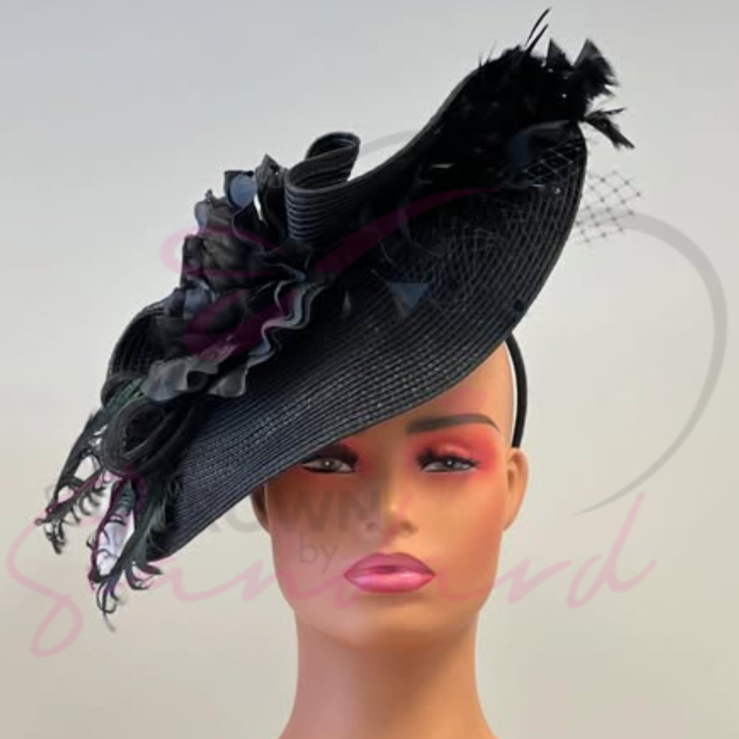 Black fascinator with a feather, flower, and netting!