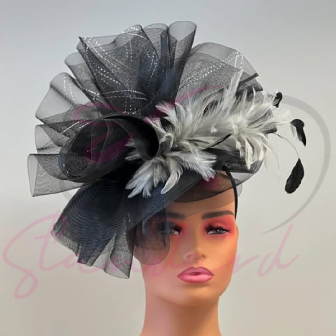 Black and silver fascinator with feathers!