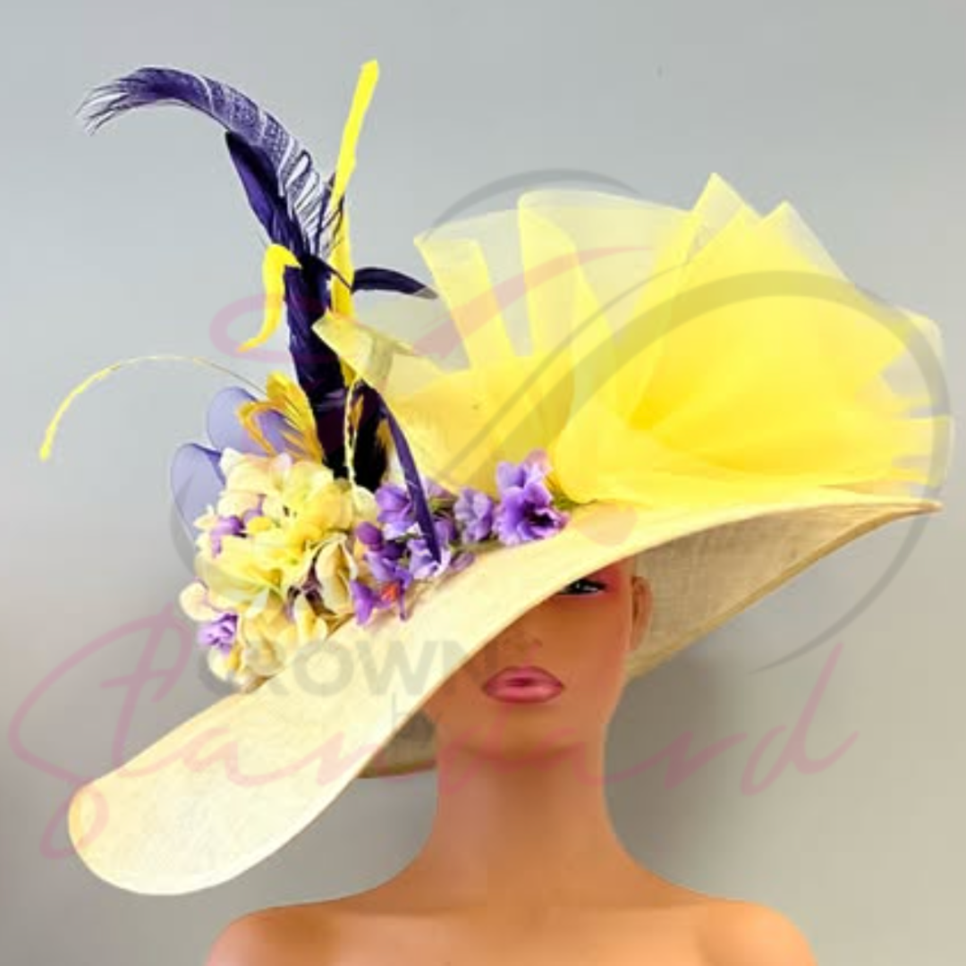 Yellow fascinator with various colors of trims!