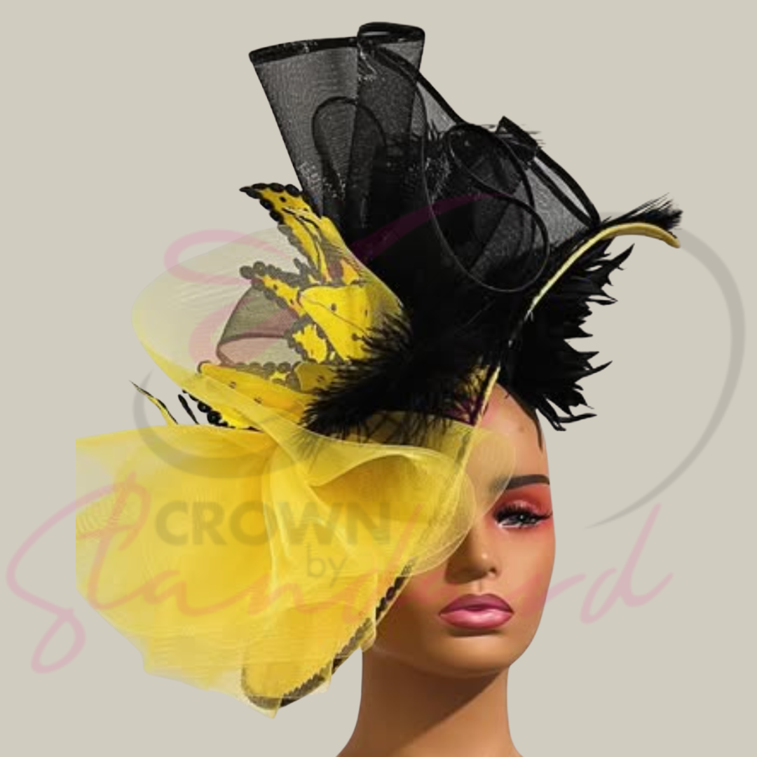 Yellow and black fascinator with a handmade flower, feather's, and sequins!