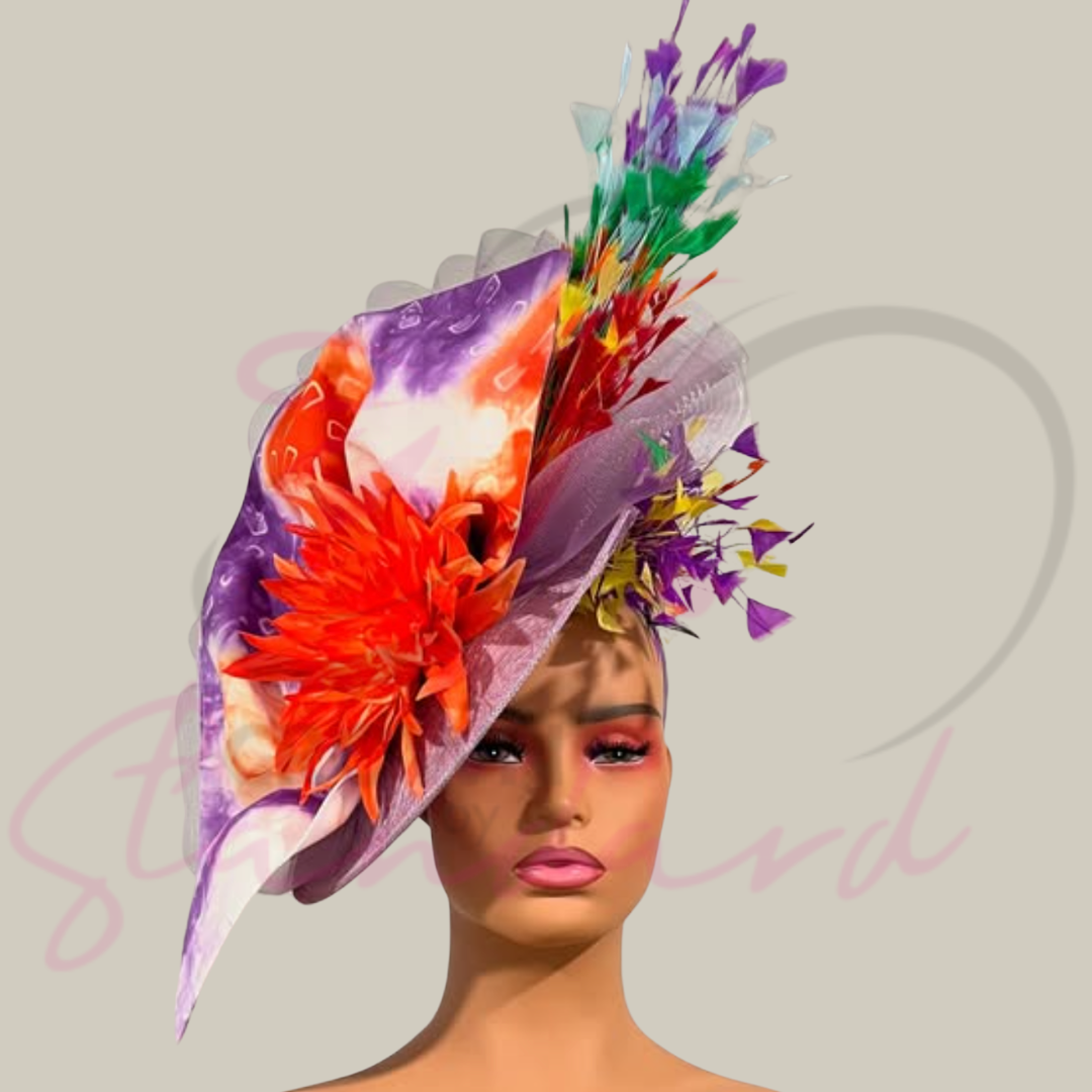 Striking purple, orange, and white palette hat