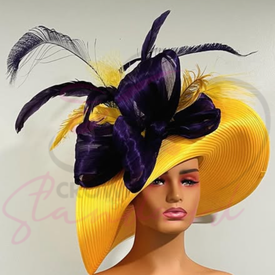 Yellow hat with a huge purple silk abaca bow and feathers!