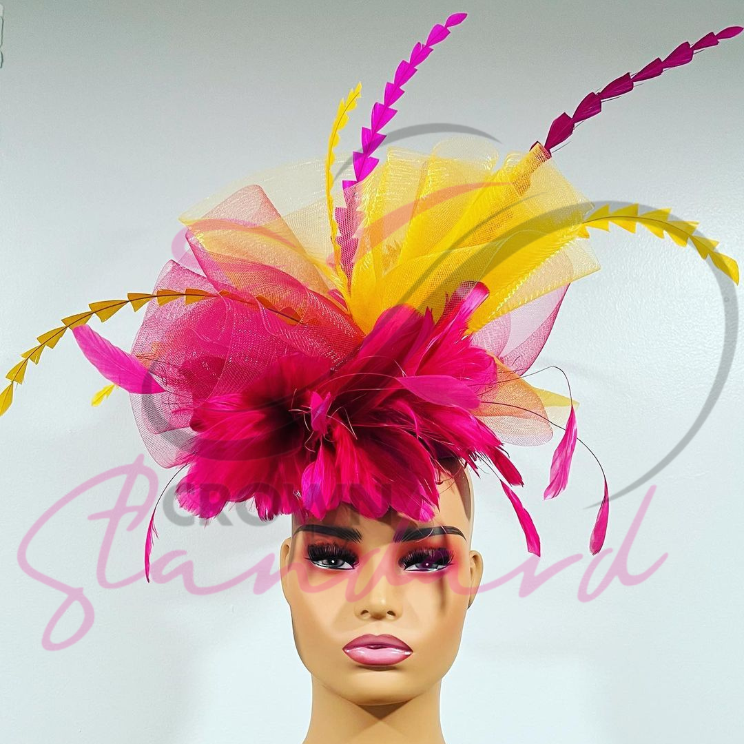 Women\'s Pink Fascinator Hat with Bold Yellow Feather Accents Kentucky Derby Fascinator Hat, Yellow Sunflower Black Pink  main image 4