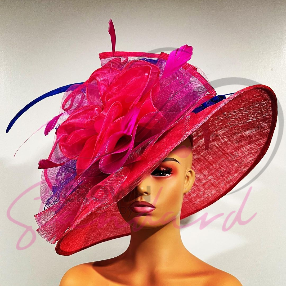Hot Pink Hat with Pink and Blue Feathers