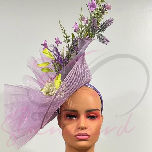 Lavender fascinator with feathers and flowers!