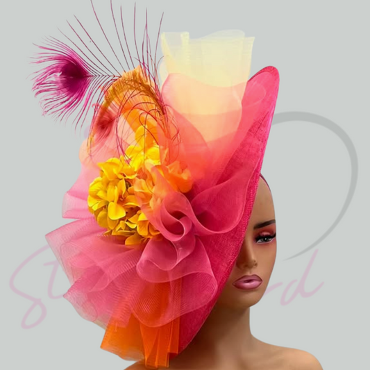 Pink saucer fascinator with multi colored crinoline, feathers, and a flower!