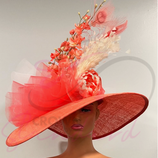Peachy orange hat with white and peach crinoline, feathers, and flowers. Such an elegant color combination!