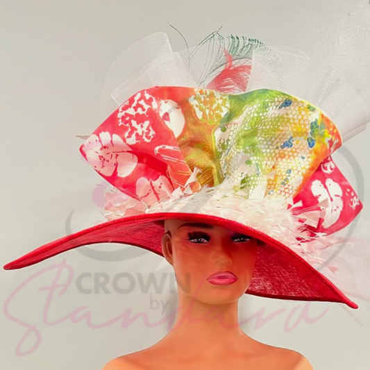 Red hat with hand dyed textile, crinoline, flower, and many feathers!