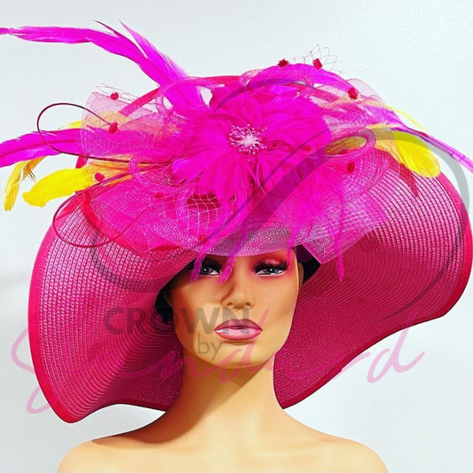 Pink Hat with Pink and Yellow Feathers