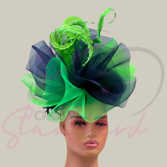 Navy blue and neon green fascinator with feathers!
