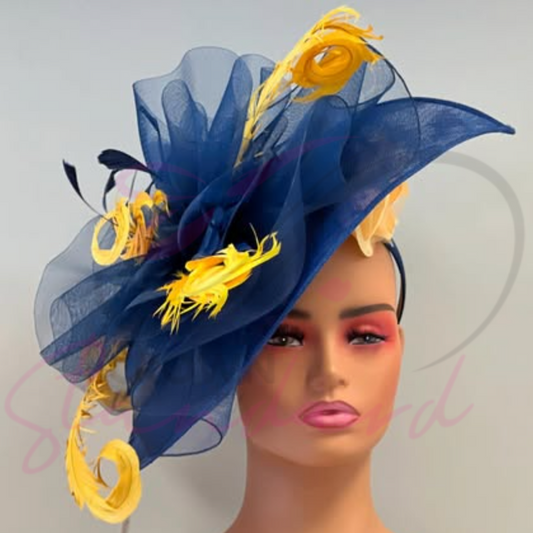 Navy blue fascinator with yellow feathers and a flower!