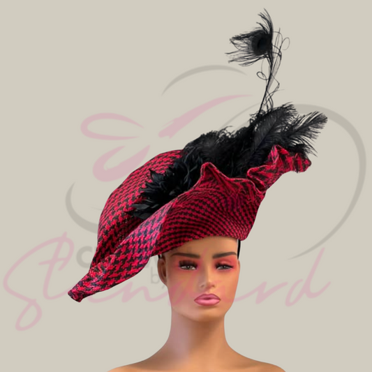 Red and black butt fascinator with flowers and feathers!
