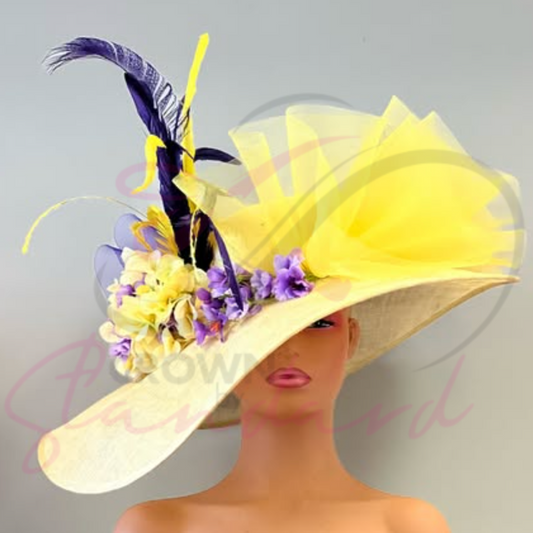 Yellow fascinator with various colors of trims!