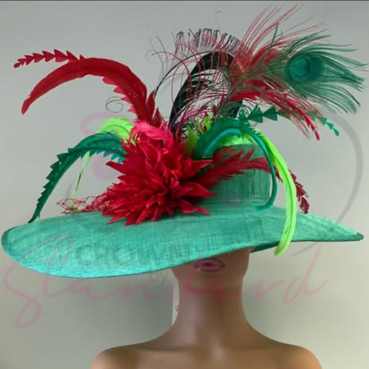 Bright green hat with flowers and feathers!