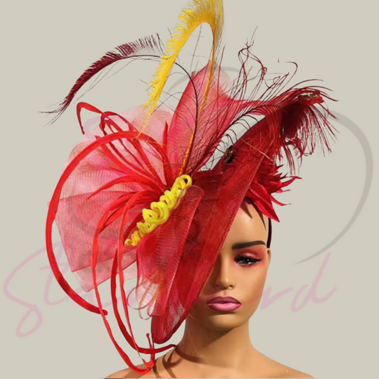 Red fascinator with a flower, feathers, and other design details!