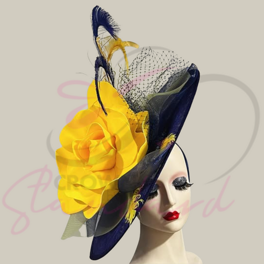 Royal blue fascinator with a huge yellow flower, crinoline, and feathers!