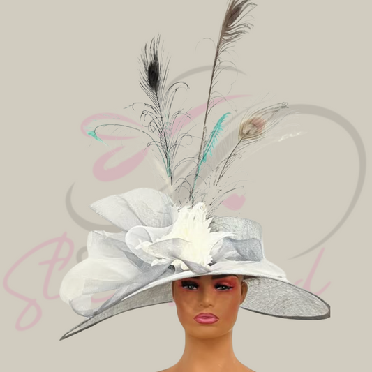 Gray hat with dyed gray and white crinoline, a white flower, and feathers!