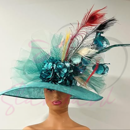 Gorgeous hand dyed crinoline in turquoise on this hat with matching details, and different color of feathers!