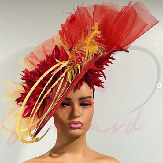 Red fascinator with hand dyed crinoline, and other design details!