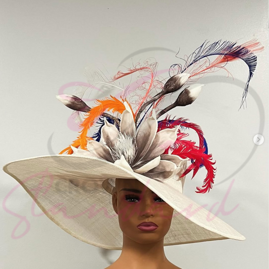 Fabulous ivory hat with a huge flower, feathers, and other design details!