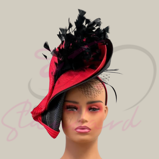 Red and black fascinator with feathers!
