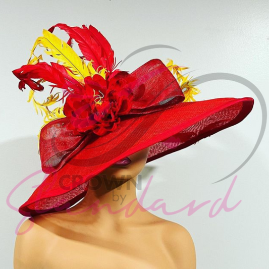 Red Hand-dyed Colorful with Big Bow, Flower, and Feathers