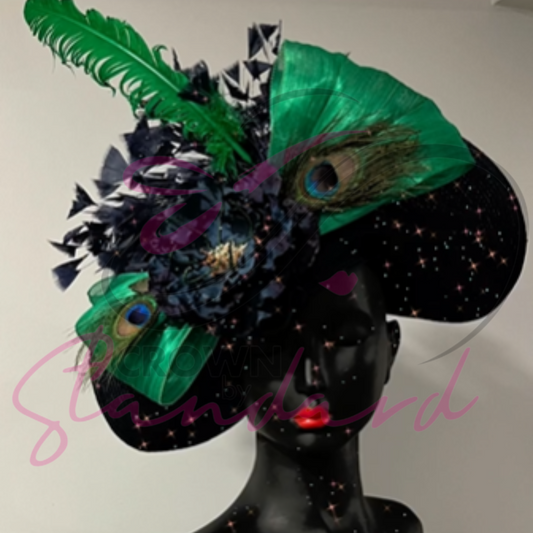 Navy Blue Hat with Silk Bow, Flower and Feathers